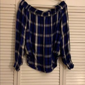 Off the shoulder black blue and white plaid shirt